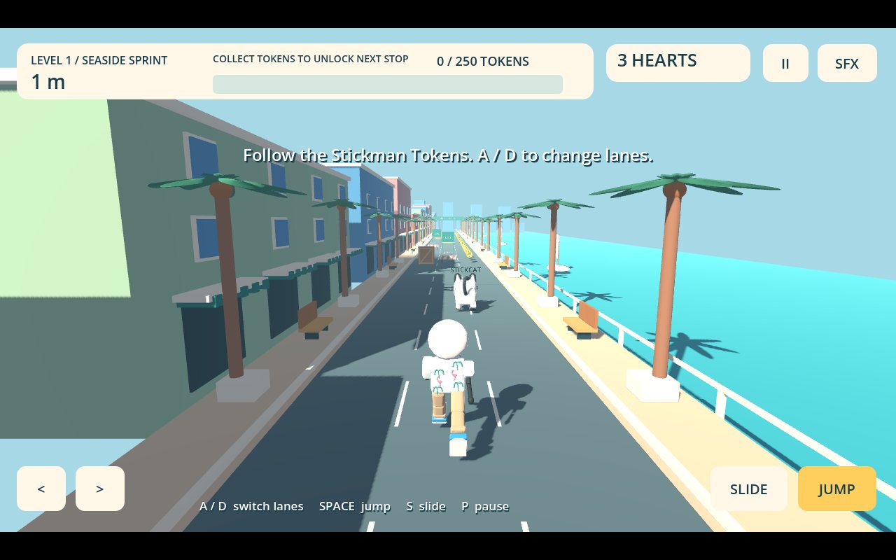 Gameplay: chasing Stickcat along the seaside
