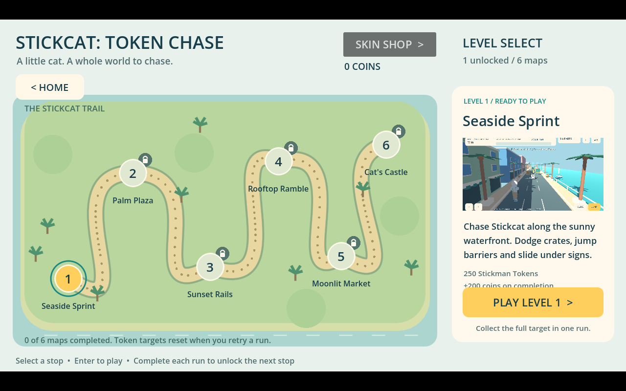Level select map with 6 stops